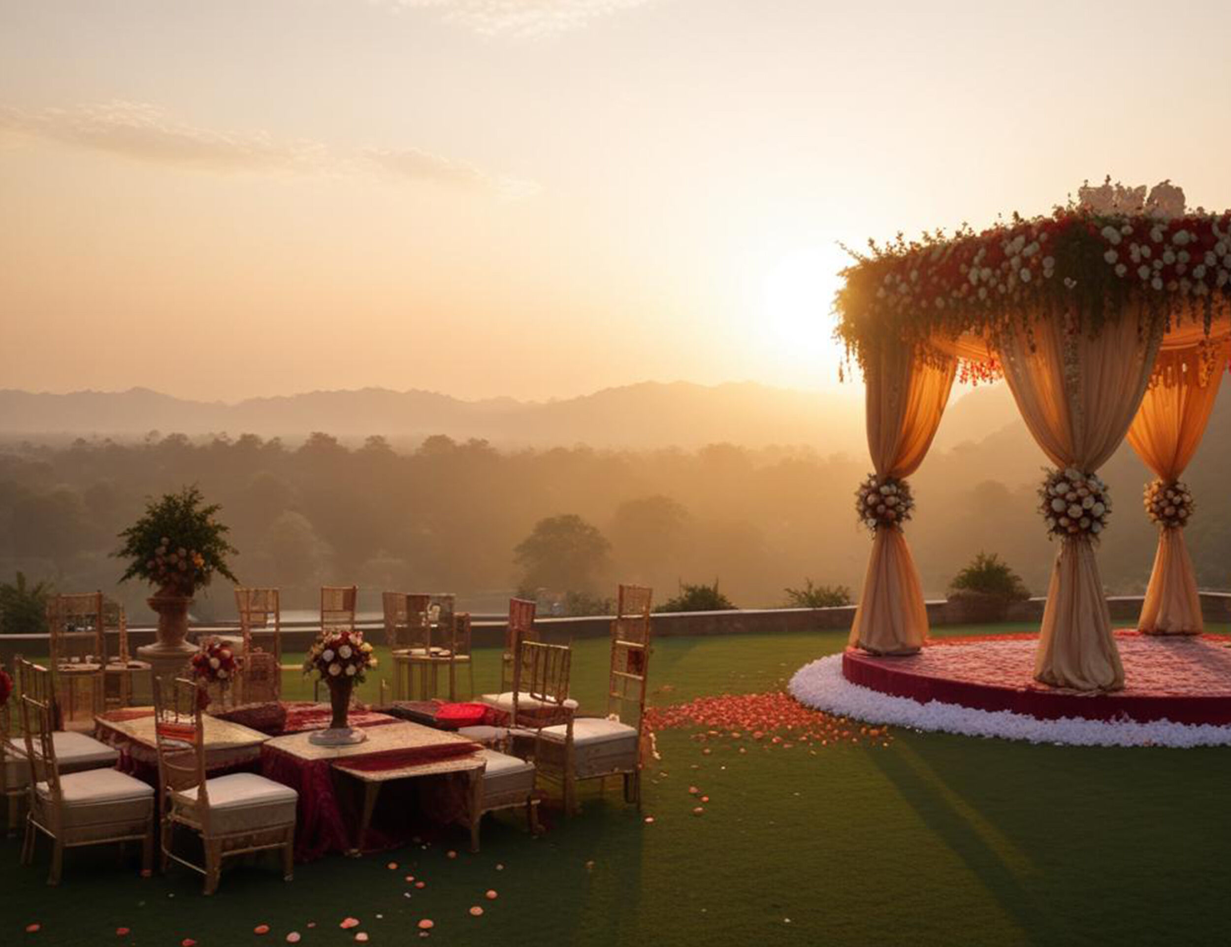 Enchanting wedding venue surrounded by lush green forest, ideal for a nature-inspired celebration.